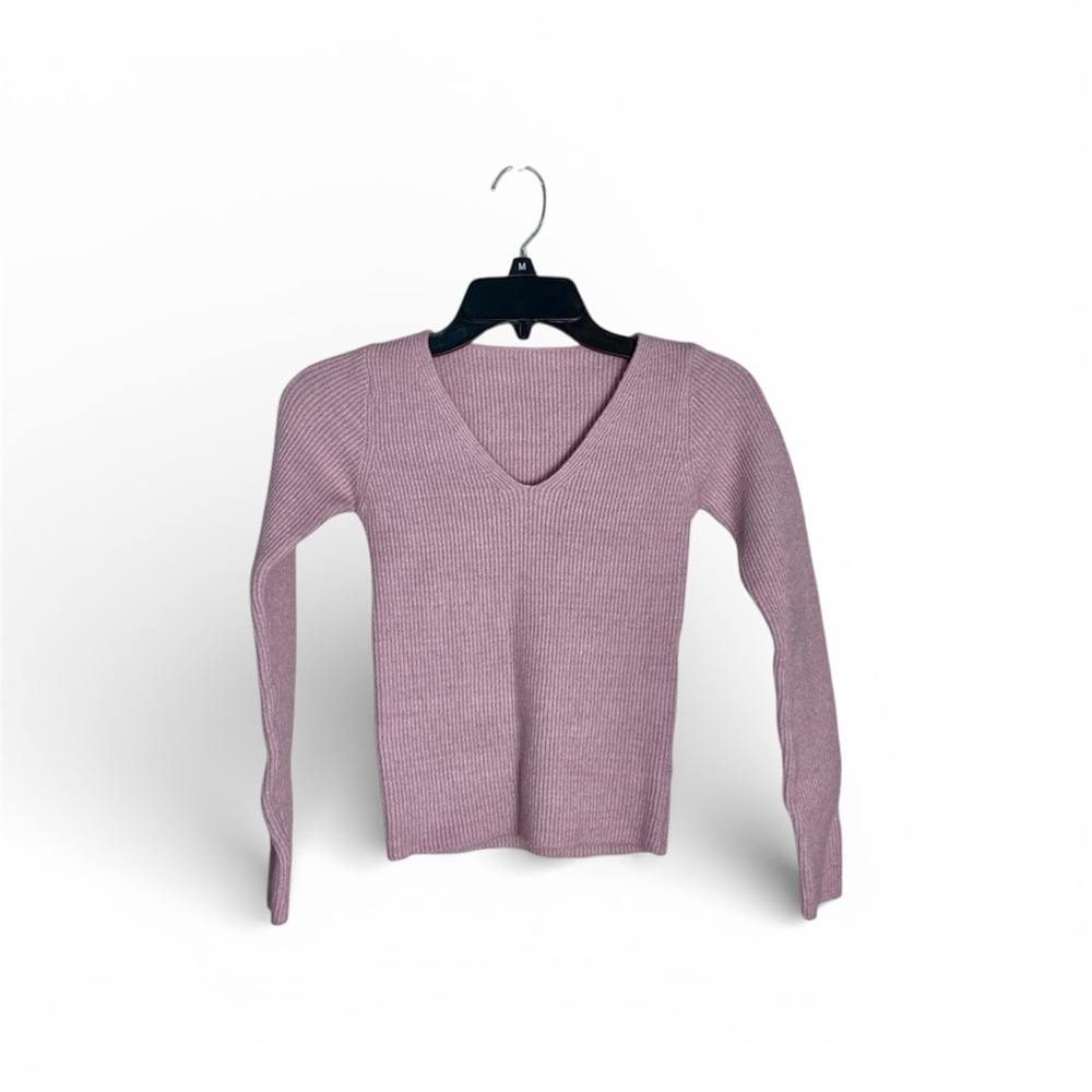Women’s Sweater Fitted Ribbed Knit Mauve Pink V Neck Possibly Small